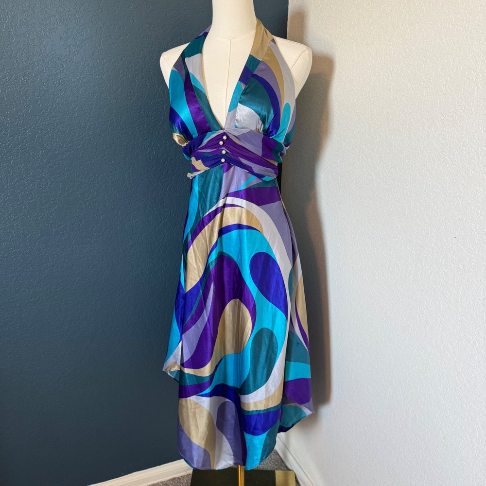 Y2K Whimsygoth Alyn Paige Psychedelic Swirl Halter Dress, Purple/Blue, 13/14